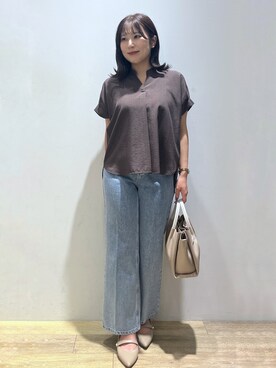 「index（インデックス）の【接触冷感／吸水速乾】タックスキッパーブラウス《防シワ／イージーアイロン／洗濯機OK／9col》（シャツ/ブラウス、ブラウン系）」を使った、さやかさん（レディース・149cm）の夏コーディネート