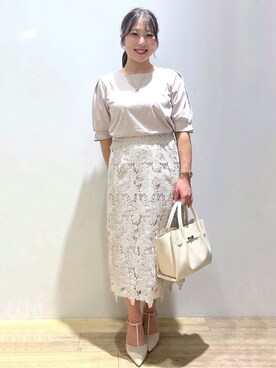 「index（インデックス）のレースドッキングスリーブトップス【洗濯機洗い可/UVケア】（Tシャツ/カットソー、ベージュ系）」を使った、さやかさん（レディース・149cm）の夏コーディネート