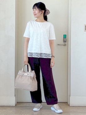 「Reflect（リフレクト）の【UVカット／接触冷感／手洗い可】ラッセルレースプルオーバー（Tシャツ/カットソー、ホワイト系）」を使った、benigingerさん（レディース・164cm）の秋コーディネート