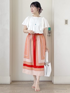 「Reflect（リフレクト）の【UVカット／接触冷感／吸水速乾】フレアスリーブトップス（Tシャツ/カットソー、ホワイト系）」を使った、benigingerさん（レディース）の夏コーディネート