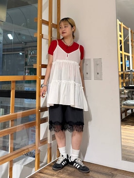 「RAGEBLUE（レイジブルー）のコットンティアードキャミワンピース（チュニック、ホワイト系）」を使った、サヤノさん（レディース・159cm）の夏コーディネート