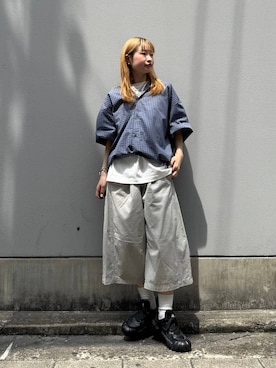 「RAGEBLUE（レイジブルー）のBarrel Buggy Half Pants/バレルバギーハーフパンツ（その他パンツ、グレー系）」を使った、サヤノさん（レディース・159cm）の夏コーディネート