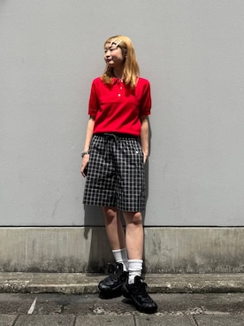 「RAGEBLUE（レイジブルー）の＜POLO BCS/ポロ・ビーシーエス＞別注/チェックイージーショートパンツ（その他パンツ、ブラック系）」を使った、サヤノさん（レディース・159cm）の春コーディネート