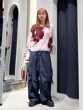 「RAGEBLUE（レイジブルー）のレースフリルロンT（Tシャツ/カットソー、ホワイト系）」を使った、サヤノさん（レディース・159cm）の秋コーディネート