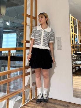 「RAGEBLUE（レイジブルー）の3WAY/ティアードミニスカート（スカート、ブラック系）」を使った、サヤノさん（レディース・159cm）の夏コーディネート