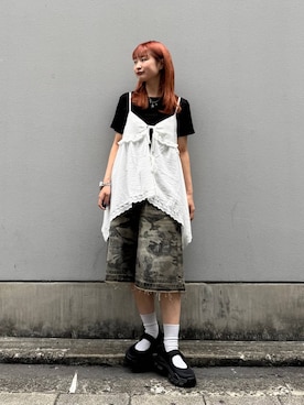 「RAGEBLUE（レイジブルー）の加工ワイドハーフパンツ（デニムパンツ、グリーン系）」を使った、サヤノさん（レディース・159cm）の夏コーディネート