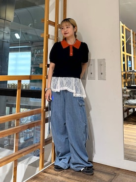 「RAGEBLUE（レイジブルー）のアシメレースインナーキャミ（Tシャツ/カットソー、ホワイト系）」を使った、サヤノさん（レディース・159cm）の夏コーディネート