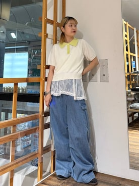 「RAGEBLUE（レイジブルー）のアシメレースインナーキャミ（Tシャツ/カットソー、ホワイト系）」を使った、サヤノさん（レディース・159cm）の夏コーディネート