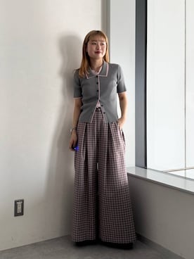 「RAGEBLUE（レイジブルー）のミニチェックワイドパンツ（スラックス、ピンク系）」を使った、サヤノさん（レディース・159cm）の春コーディネート