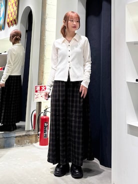 「RAGEBLUE（レイジブルー）のキルトチェックプリーツスカート（スカート、ブラウン系）」を使った、サヤノさん（レディース・159cm）の秋コーディネート