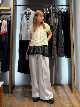 「RAGEBLUE（レイジブルー）のアシメレースインナーキャミ（Tシャツ/カットソー、ホワイト系）」を使った、サヤノさん（レディース・159cm）の夏コーディネート