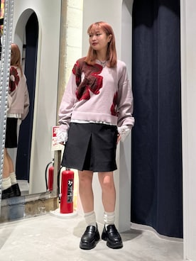 「RAGEBLUE（レイジブルー）のレースフリルロンT（Tシャツ/カットソー、ホワイト系）」を使った、サヤノさん（レディース・159cm）の秋コーディネート