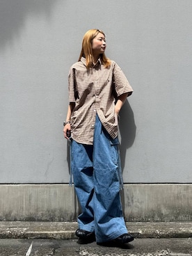 「RAGEBLUE（レイジブルー）のサイドリボンワイドデニムカーゴパンツ（デニムパンツ、ブルー系）」を使った、サヤノさん（レディース・159cm）の春コーディネート