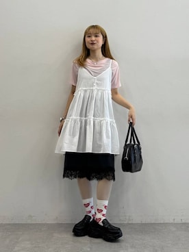 「LOWRYS FARM（ローリーズファーム）のボリュームローファー　634544（ローファー、ブラック系）」を使った、サヤノさん（レディース・159cm）の夏コーディネート
