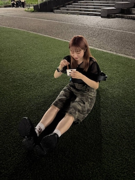 「RAGEBLUE（レイジブルー）の加工ワイドハーフパンツ（デニムパンツ、グリーン系）」を使った、サヤノさん（レディース・159cm）の夏コーディネート