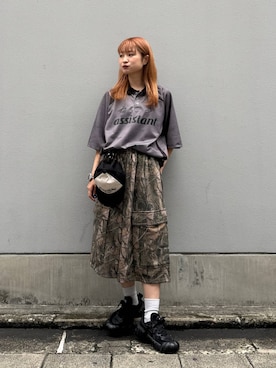 「RAGEBLUE（レイジブルー）のRING DOT GAME T-SHIRT/リングドットゲームTシャツ（Tシャツ/カットソー、グレー系）」を使った、サヤノさん（レディース・159cm）の夏コーディネート