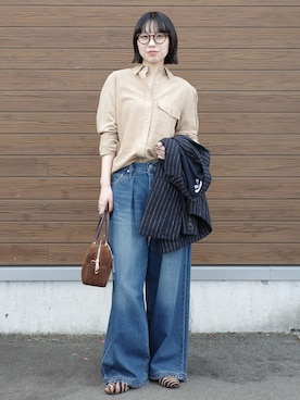 「B.C STOCK（ベーセーストック）のウォッシャブル / DU JOUR / デュ ジュール PEG TUCK JEAN（デニムパンツ、ブルー系）」を使った、りんりんさん（レディース・162cm）の春コーディネート