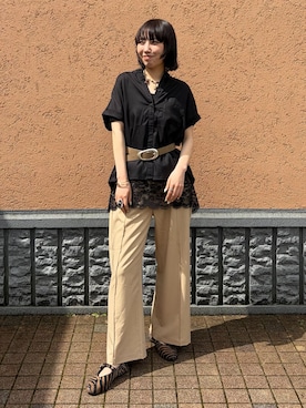 「B.C STOCK（ベーセーストック）のウォッシャブル / センターシームパンツ（スラックス、ベージュ系）」を使った、りんりんさん（レディース・162cm）の春コーディネート