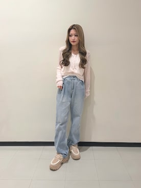 「EVOL（イーボル）の【S-LLサイズ展開・軽量】厚底ボアスニーカーソールローファー JB4034（ローファー、ベージュ系）」を使った、かえでさん（レディース・148cm）の秋コーディネート