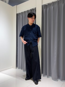 「SENSE OF PLACE by URBAN RESEARCH(センスオブプレイスバイアーバンリサーチ)の『一部WEB限定カラー』『イージーケア』リネンブレンドシアーニットシャツ(ニット/セーター、ブルー系)」を使った、あだちさん(メンズ・177cm)の夏コーディネート