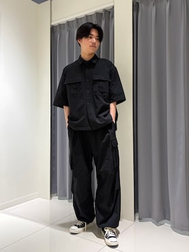 「SENSE OF PLACE by URBAN RESEARCH(センスオブプレイスバイアーバンリサーチ)の『別注』Converse×SENSE OF PLACE JACK PURCELLショートスリーブシャツ(シャツ/ブラウス、ブラック系)」を使った、あだちさん(メンズ・177cm)の夏コーディネート