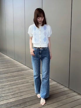 「NATURAL BEAUTY BASIC（ナチュラルビューティーベーシック）のセミフレアデニムパンツ（その他パンツ、ブルー系）」を使った、hiyoriさん（レディース・171cm）の夏コーディネート