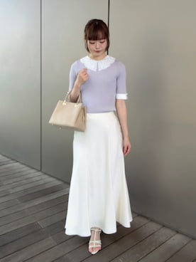 「NATURAL BEAUTY BASIC（ナチュラルビューティーベーシック）のレースカラーニット（ニット/セーター、グレー系）」を使った、hiyoriさん（レディース・171cm）の夏コーディネート