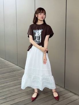 「NATURAL BEAUTY BASIC（ナチュラルビューティーベーシック）のフォトプリントTシャツ（Tシャツ/カットソー、ブラウン系）」を使った、hiyoriさん（レディース・171cm）の夏コーディネート
