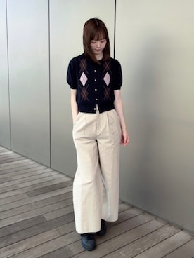 「NATURAL BEAUTY BASIC（ナチュラルビューティーベーシック）のアーガイルハーフスリーブカーディガン（カーディガン/ボレロ、ブルー系）」を使った、hiyoriさん（レディース・171cm）の夏コーディネート