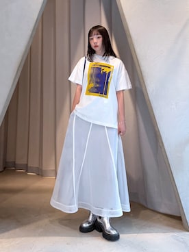 「UN3D.（アンスリード）のTORSO GRAPHIC T-SH / トルソーグラフィックTシャツ（Tシャツ/カットソー、ホワイト系）」を使った、YURIさん（レディース・162cm）の夏コーディネート