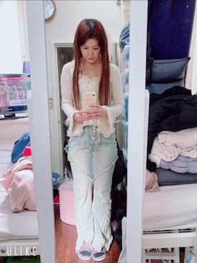 「SHEIN内のアイテム（デニムパンツ、ベージュ系）」を使った、dasaiobasan00さん（レディース・158cm）の春コーディネート