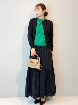 「DRESSTERIOR（ドレステリア）の【ウォッシャブル】コットンシルクフレンチスリーブニット（ニット/セーター、グリーン系）」を使った、BUNさんの春コーディネート