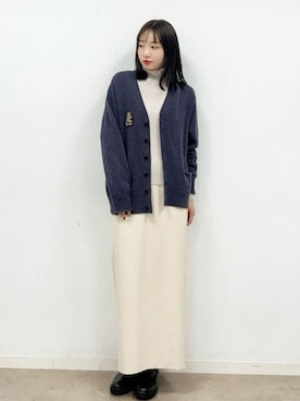 「DRESSTERIOR（ドレステリア）のレタードニットカーディガン（カーディガン/ボレロ、グレー系）」を使った、BUNさんの冬コーディネート