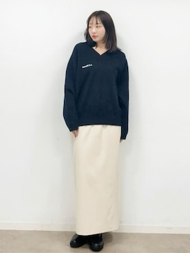 「DRESSTERIOR（ドレステリア）の【洗える/ポケット付き】ストレッチナロースカート（スカート、ベージュ系）」を使った、BUNさんの冬コーディネート