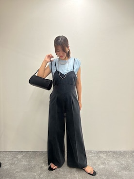 「Rie Miller（リエミラー）の【RM denim】デニムオールインワン（つなぎ/オールインワン、ブラック系）」を使った、Tamuraさん（レディース・169cm）の夏コーディネート