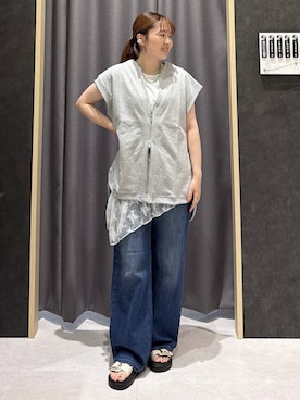 「LEPSIM（レプシィム）のガラスビーズロングネックレス　1023644（ネックレス、グリーン系）」を使った、ムツミさん（レディース・156cm）の夏コーディネート