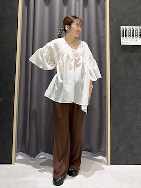 「LEPSIM（レプシィム）の【産前・産後対応】マタニティ／楊柳フレアパンツ　639385（マタニティウェア/グッズ、ブラウン系）」を使った、ムツミさん（レディース・156cm）の夏コーディネート