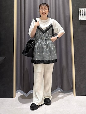 「LEPSIM（レプシィム）の【500mlペットボトルも入る】ユーティリティ巾着バッグ　633023【KKfashion紹介アイテム】（ショルダーバッグ、ブラック系）」を使った、ムツミさん（レディース・156cm）の夏コーディネート