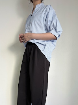 「SallyLunn（サリーラン）のバックボタン半袖ストライプシャツ（シャツ/ブラウス、ブルー系）」を使った、SallyLunn staffさん（レディース・158cm）の夏コーディネート