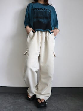 「SallyLunn（サリーラン）の【ストリートライク】ワークカーゴパンツ（カーゴパンツ、ベージュ系）」を使った、SallyLunn staffさん（レディース・158cm）の夏コーディネート