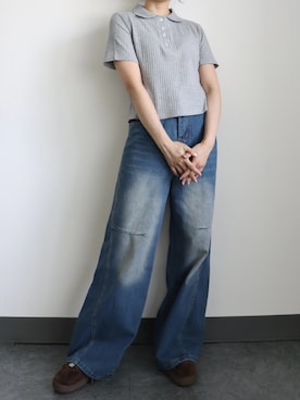 「SallyLunn（サリーラン）のワイドルーズデニムパンツ（デニムパンツ、ブルー系）」を使った、SallyLunn staffさん（レディース・158cm）の夏コーディネート