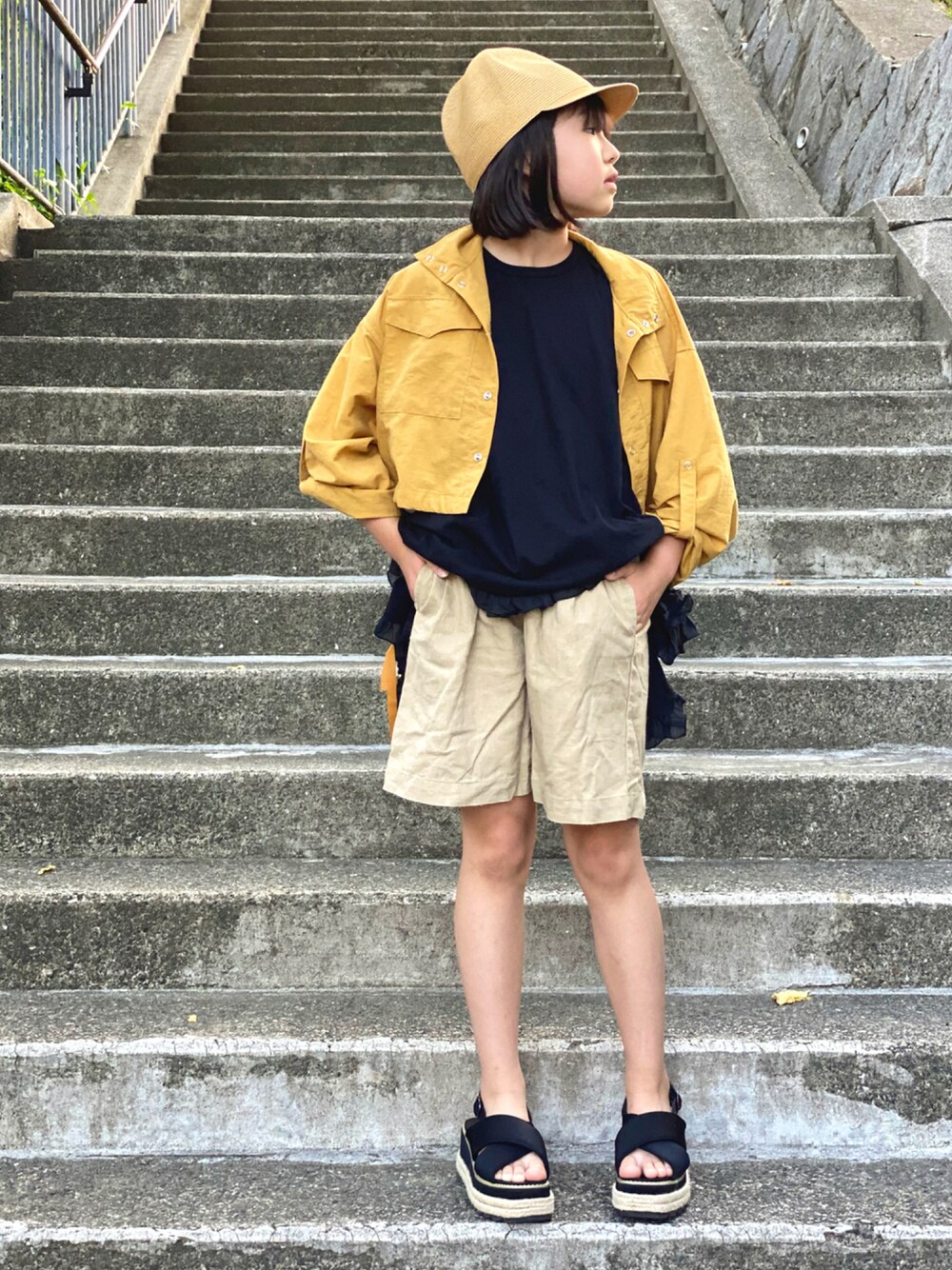 「COOLなこのコが仲間入り、ハーフパンツ、カジュアルコーデ、夏セールで買いました、リネン、サンダル、休日スタイル、お散歩コーデ、キャップ、シンプルコーデ」｜「mountenのMOUN TEN. 型押しキャップ（キャップ、ベージュ系）」を使った、★COCO☆さん（キッズ・140cm）の夏コーディネートの1枚目の写真