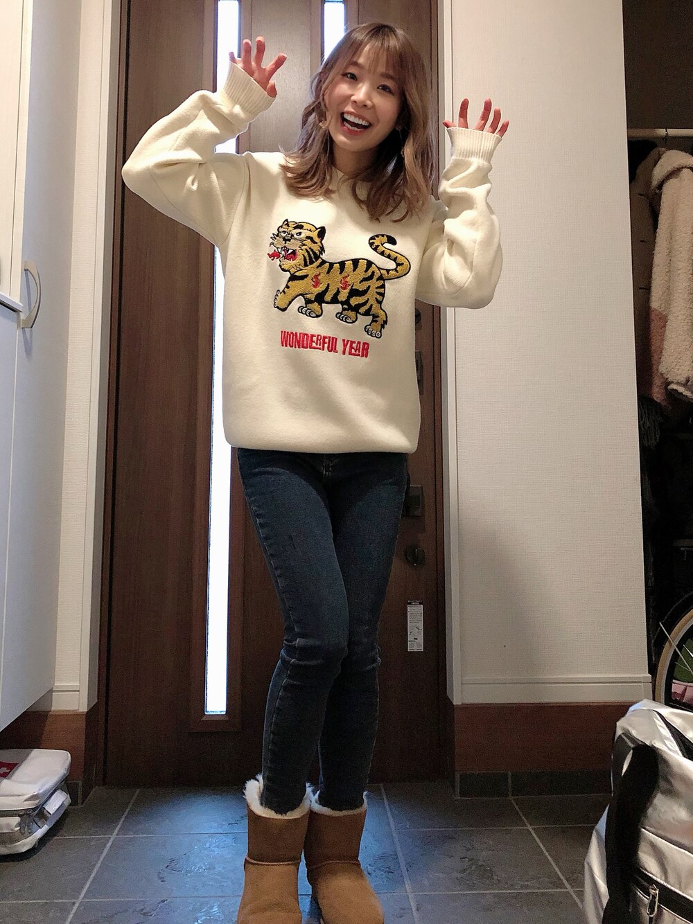 「ZARA MAN、ZARA、UGG、トラコーデ」｜「UGGの【WEB限定】＜UGG（アグ）＞BAILEY BOW2 ベイリーボー ムートンブーツ ◆（ブーツ、ブラウン系）」を使った、ぺいさん（レディース・163cm）の冬コーディネートの1枚目の写真