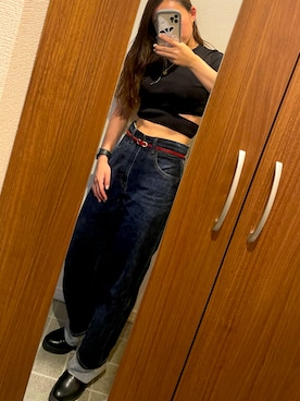 「UNIQLO（ユニクロ）のハイライズワイドストレートジーンズ（デニムパンツ）」を使った、Rinkäさん（レディース・155cm）の秋コーディネート