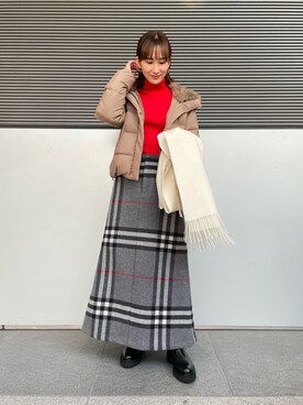 「チェック柄に恋してる」｜「アイテム（ダウンジャケット/コート）」を使った、momokaさん（レディース・164cm）の冬コーディネート