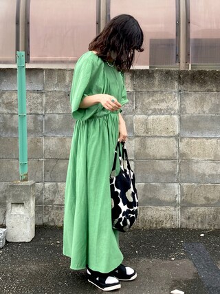 美品 イエナ インド製コットン シルク ギャザー半袖 ロングワンピース ネイビー IENA（イエナ）の「コットンシルクギャザーワンピ―ス◇（ワンピース