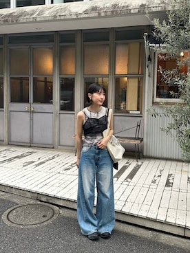 「Ray BEAMS（レイビームス）のRay BEAMS / チュール ギャザー ビスチェ（キャミソール、ブラック系）」を使った、Joyyyy🧃さん（レディース・160cm）の夏コーディネート