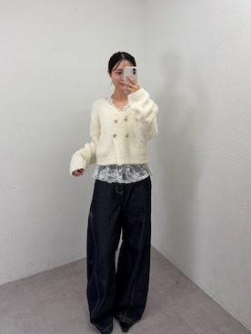 「mystic（ミスティック）の【新色NVY・BRN・BLU2/3サイズ展開】バレルBIGデニム（デニムパンツ、ブルー系）」を使った、おみくさん（レディース・163cm）の夏コーディネート