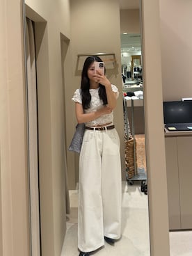 「mystic（ミスティック）のふわふわシャーリングTシャツ（Tシャツ/カットソー、ホワイト系）」を使った、おみくさん（レディース・163cm）の夏コーディネート