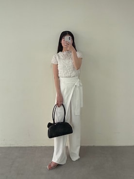「mystic（ミスティック）のエアリーシャーリングブラウス（シャツ/ブラウス、ホワイト系）」を使った、おみくさん（レディース・163cm）の夏コーディネート